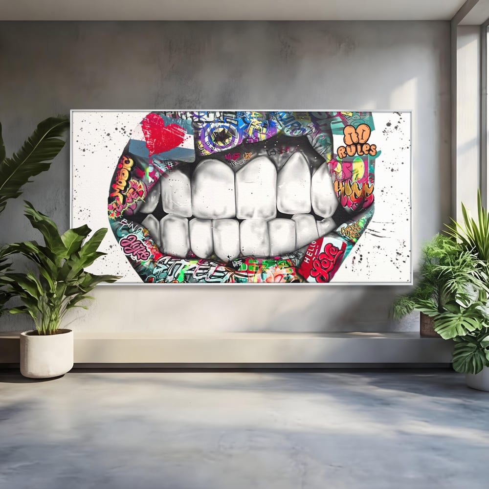 Tablou canvas cu tablou canvas cu buze graffiti, in rama de aluminiu argintiu